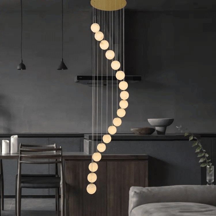 Alabaster Brass Modern Globe Spiral Chandelier - Zelno Lighting
