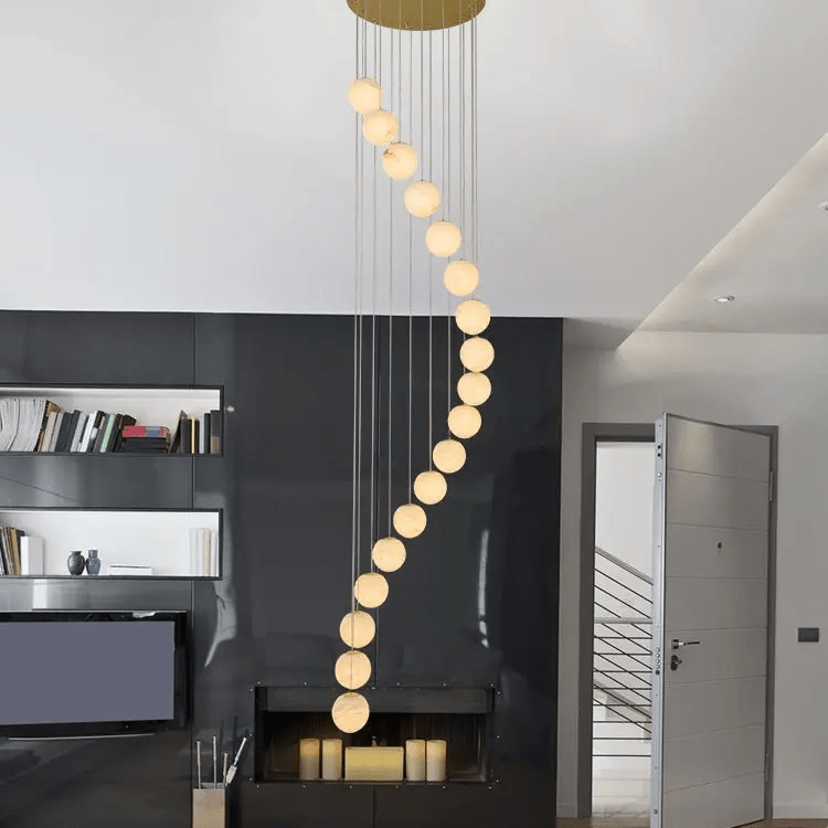 Alabaster Brass Modern Globe Spiral Chandelier - Zelno Lighting