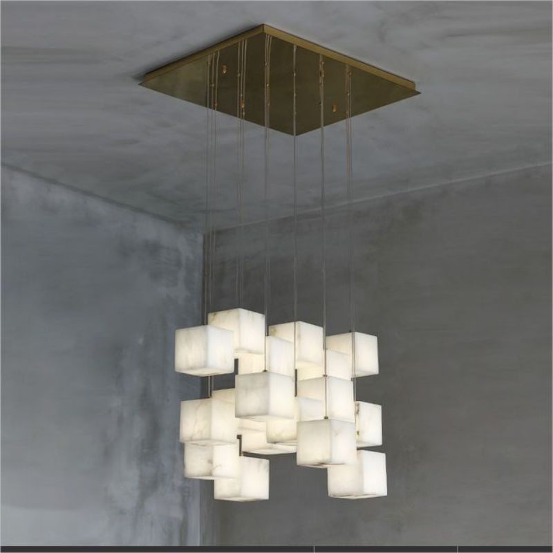 Alabaster Cube Foyer Staircase Long Chandelier - Zelno