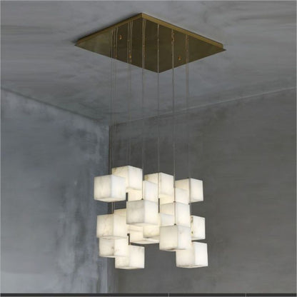 Alabaster Cube Foyer Staircase Long Chandelier - Zelno
