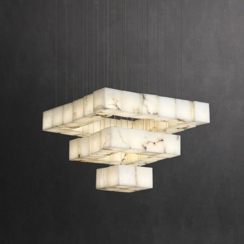 Alabaster Cube Foyer Staircase Long Chandelier - Zelno