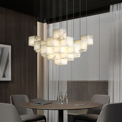 Alabaster Cube Foyer Staircase Long Chandelier - Zelno