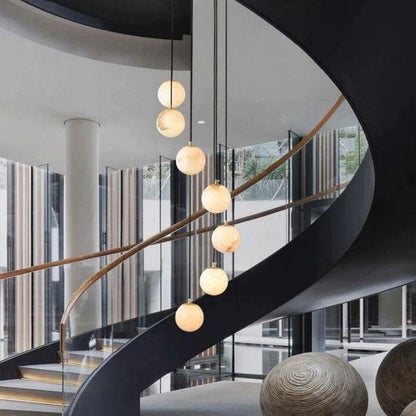 Alabaster Global Pendant Chandelier For Staircase, Spiral Global Pendant - Zelno Lighting