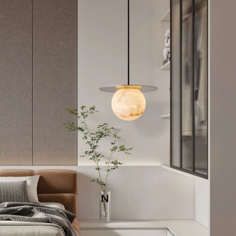 Alabaster Sphere Pendant Light Above Bed - Zelno