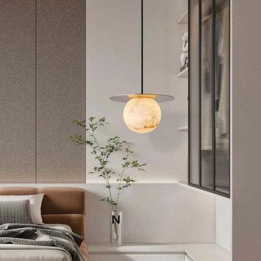 Alabaster Sphere Pendant Light Above Bed - Zelno