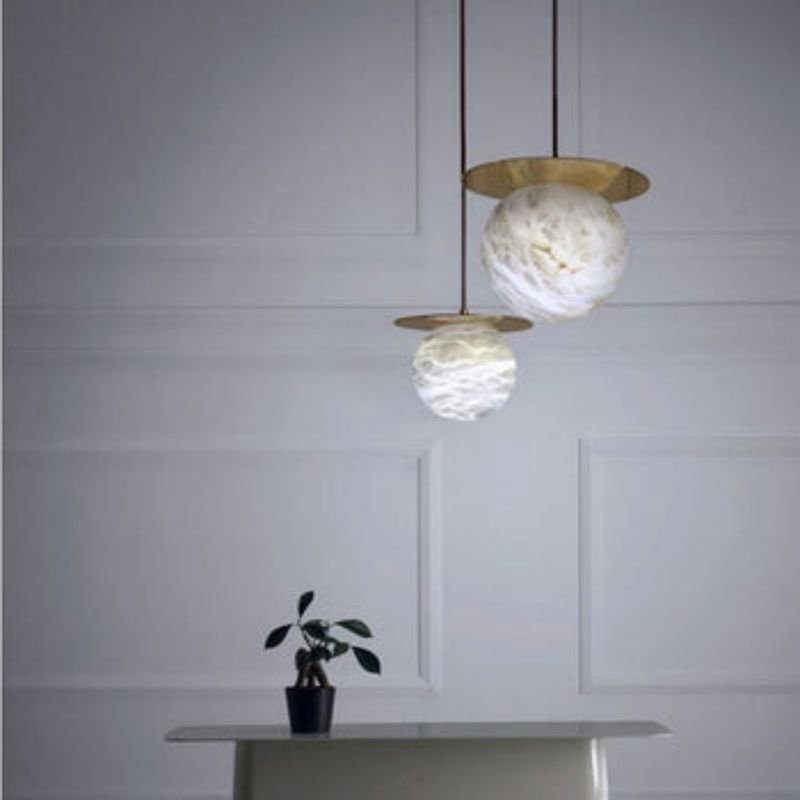Alabaster Sphere Pendant Light Above Bed - Zelno