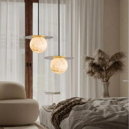 Alabaster Sphere Pendant Light Above Bed - Zelno