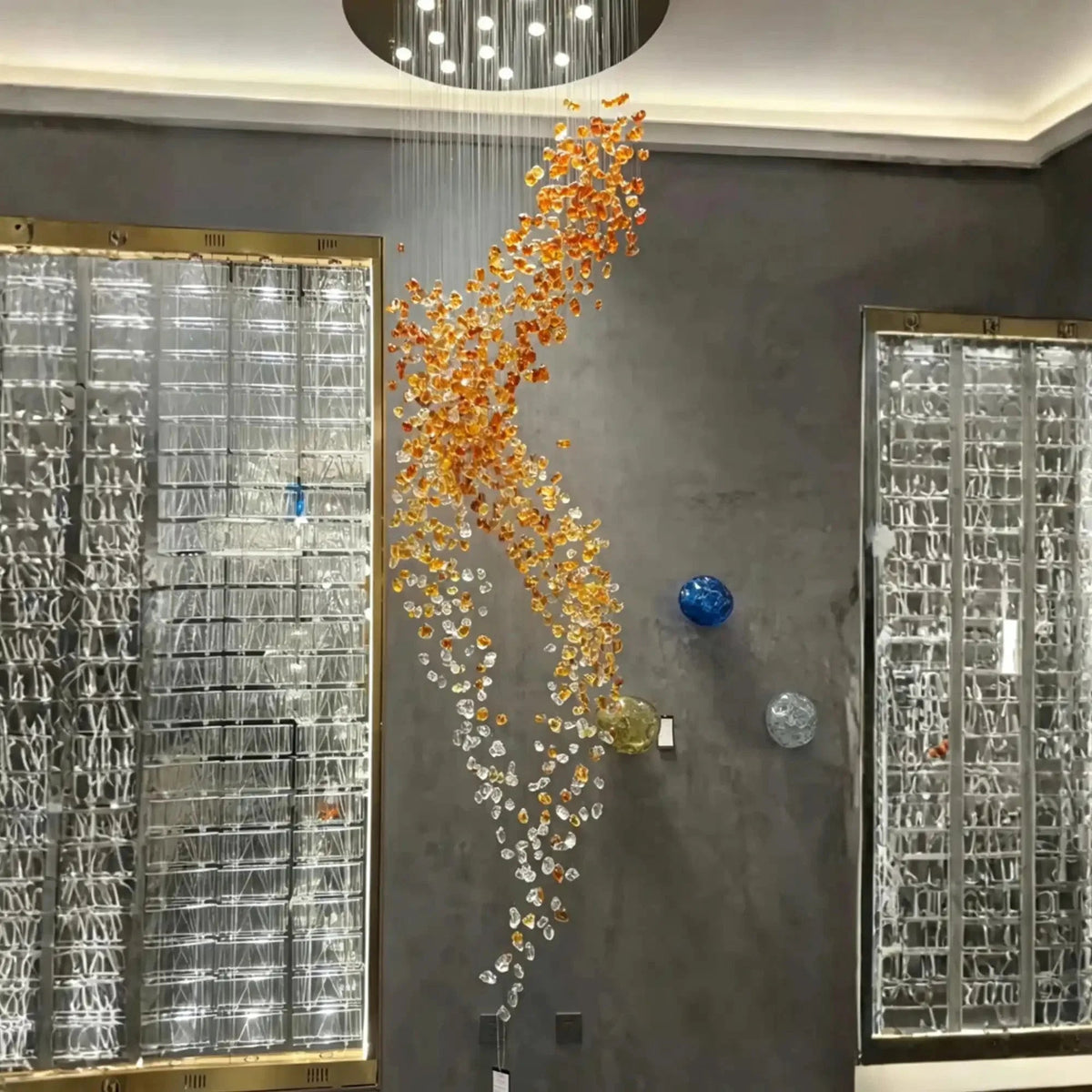 Amber Art Glass Spiral Chandelier for Staircase & High Ceiling Foyer - Zelno Lighting