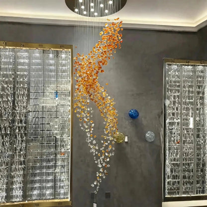 Amber Art Glass Spiral Chandelier for Staircase & High Ceiling Foyer - Zelno Lighting