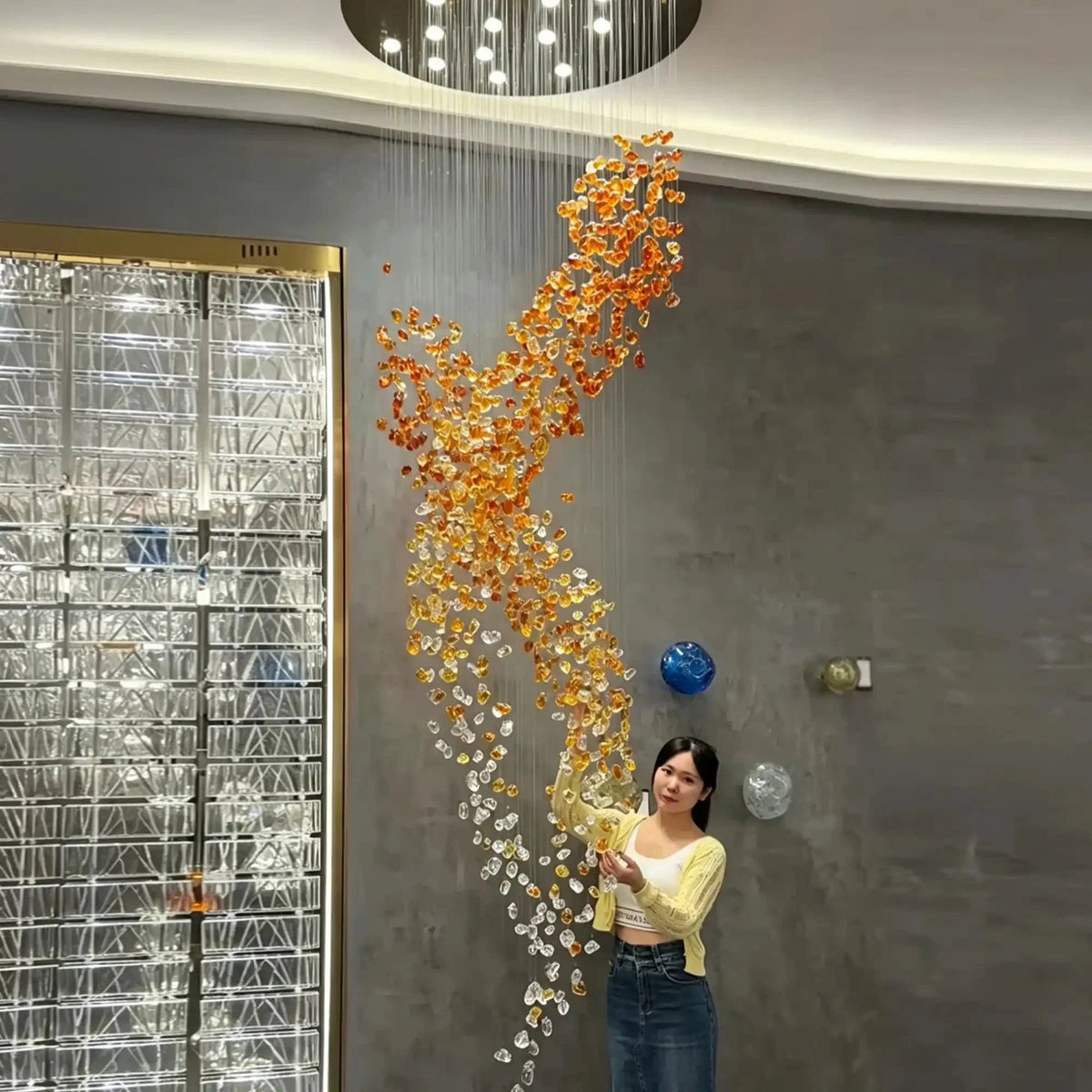 Amber Art Glass Spiral Chandelier for Staircase & High Ceiling Foyer - Zelno Lighting