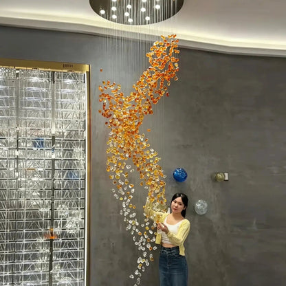 Amber Art Glass Spiral Chandelier for Staircase & High Ceiling Foyer - Zelno Lighting
