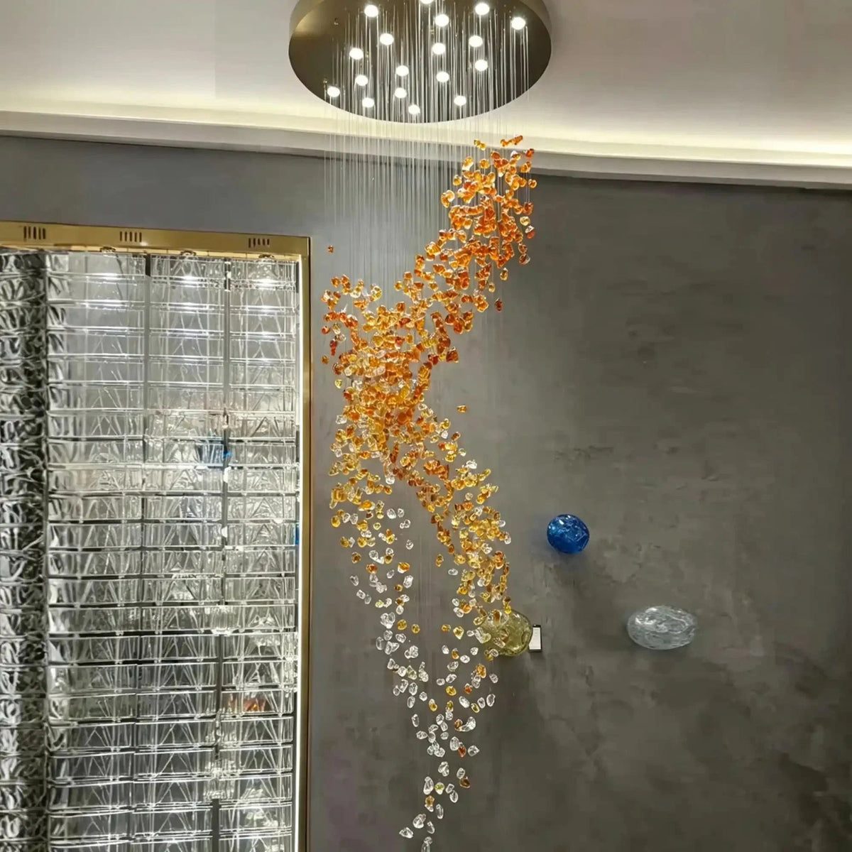 Amber Art Glass Spiral Chandelier for Staircase & High Ceiling Foyer - Zelno Lighting