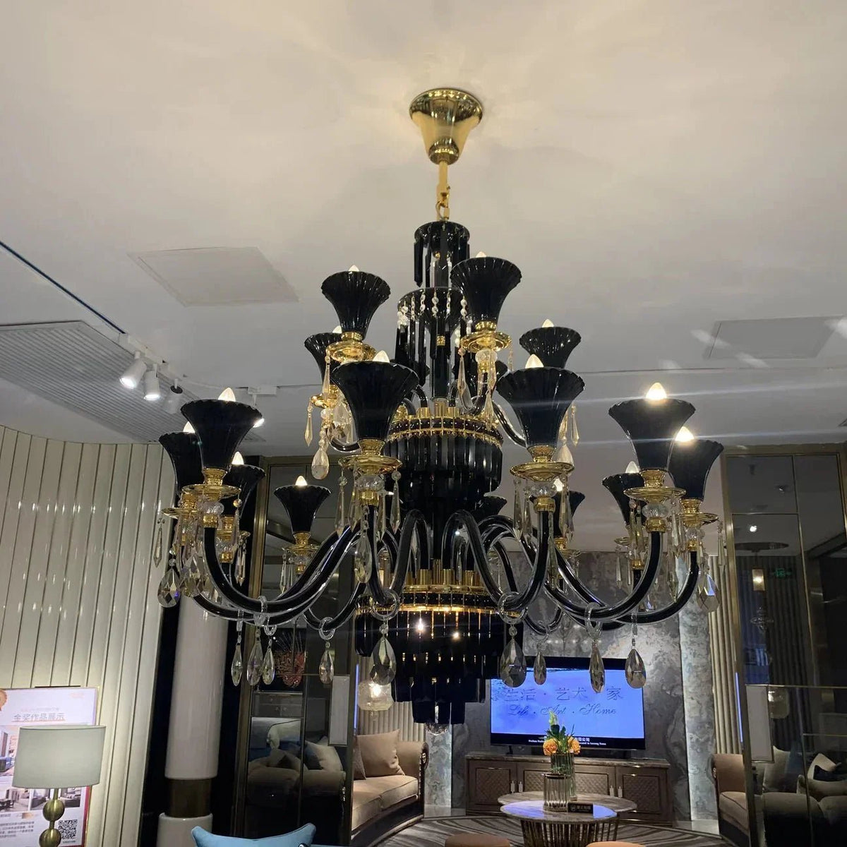 American Traditional Branch Crystal Chandelier with Candle Design in Black and Gold - Zelno Lighting