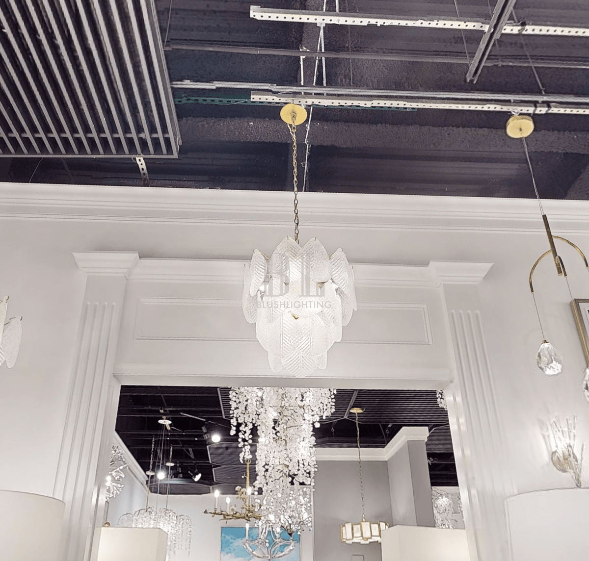 Antique Gold Frosted Glass Nine-Light Chandelier with Cascading Petal Design - Zelno Lighting