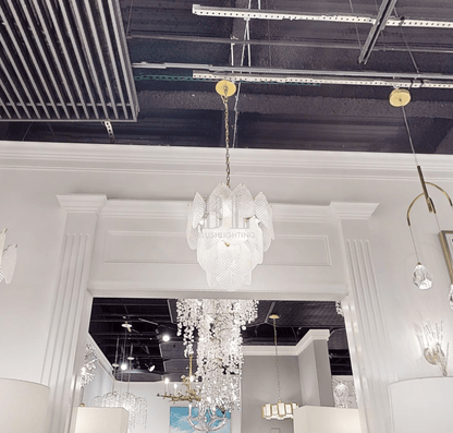 Antique Gold Frosted Glass Nine-Light Chandelier with Cascading Petal Design - Zelno Lighting