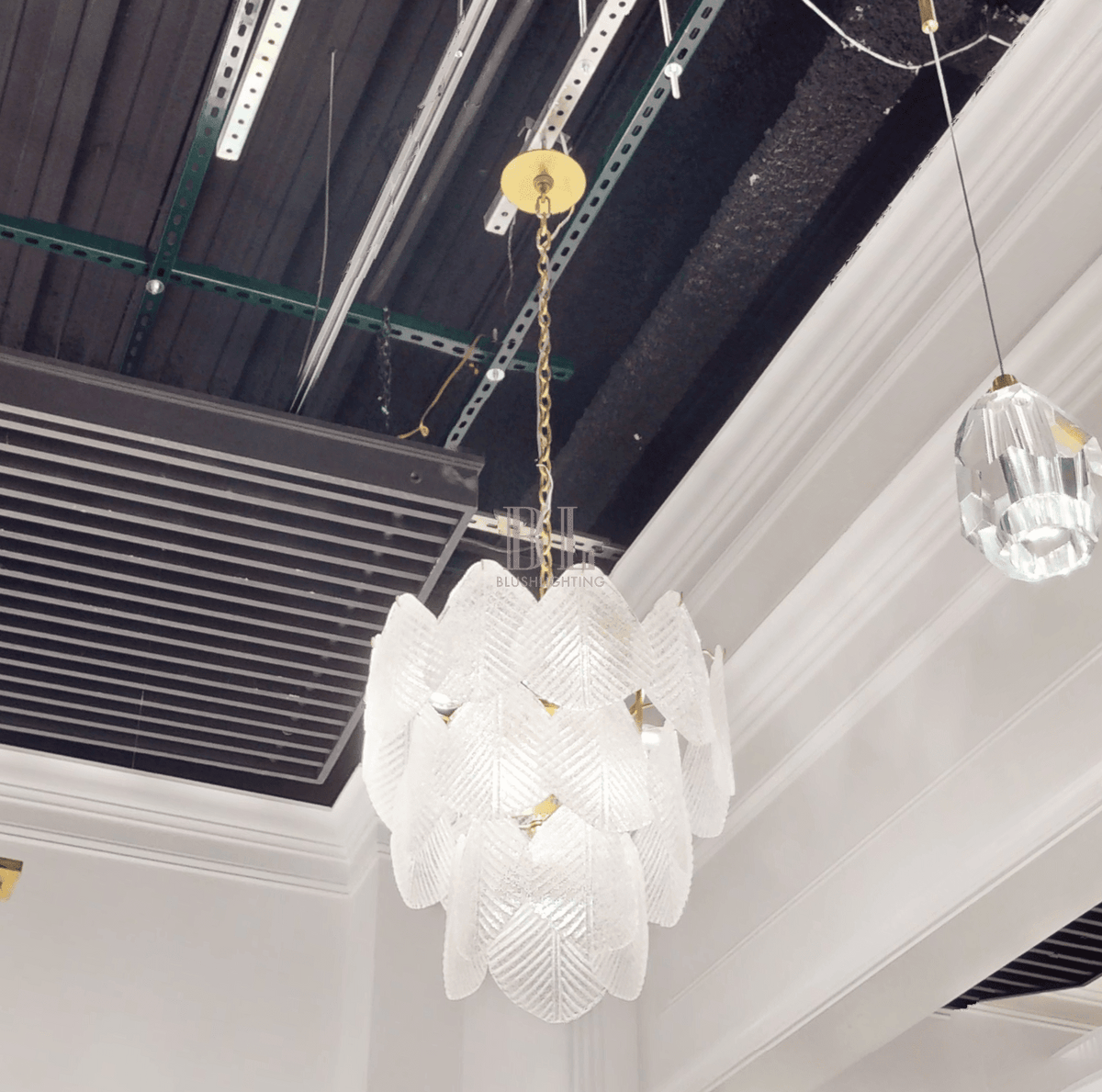 Antique Gold Frosted Glass Nine-Light Chandelier with Cascading Petal Design - Zelno Lighting