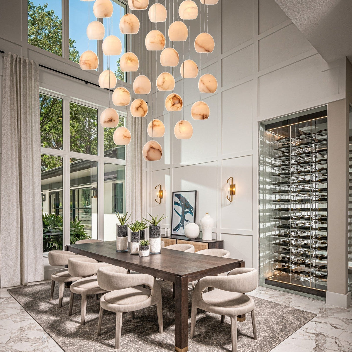 Arica Round Gold Chandelier with Natural Alabaster Stone Shades, Chandelier for High Ceiling - zelnolighting