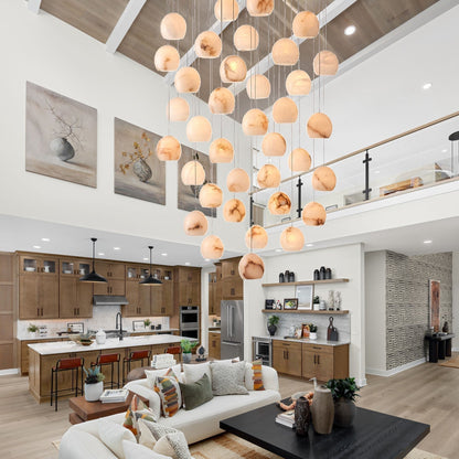 Arica Round Gold Chandelier with Natural Alabaster Stone Shades, Chandelier for High Ceiling - zelnolighting
