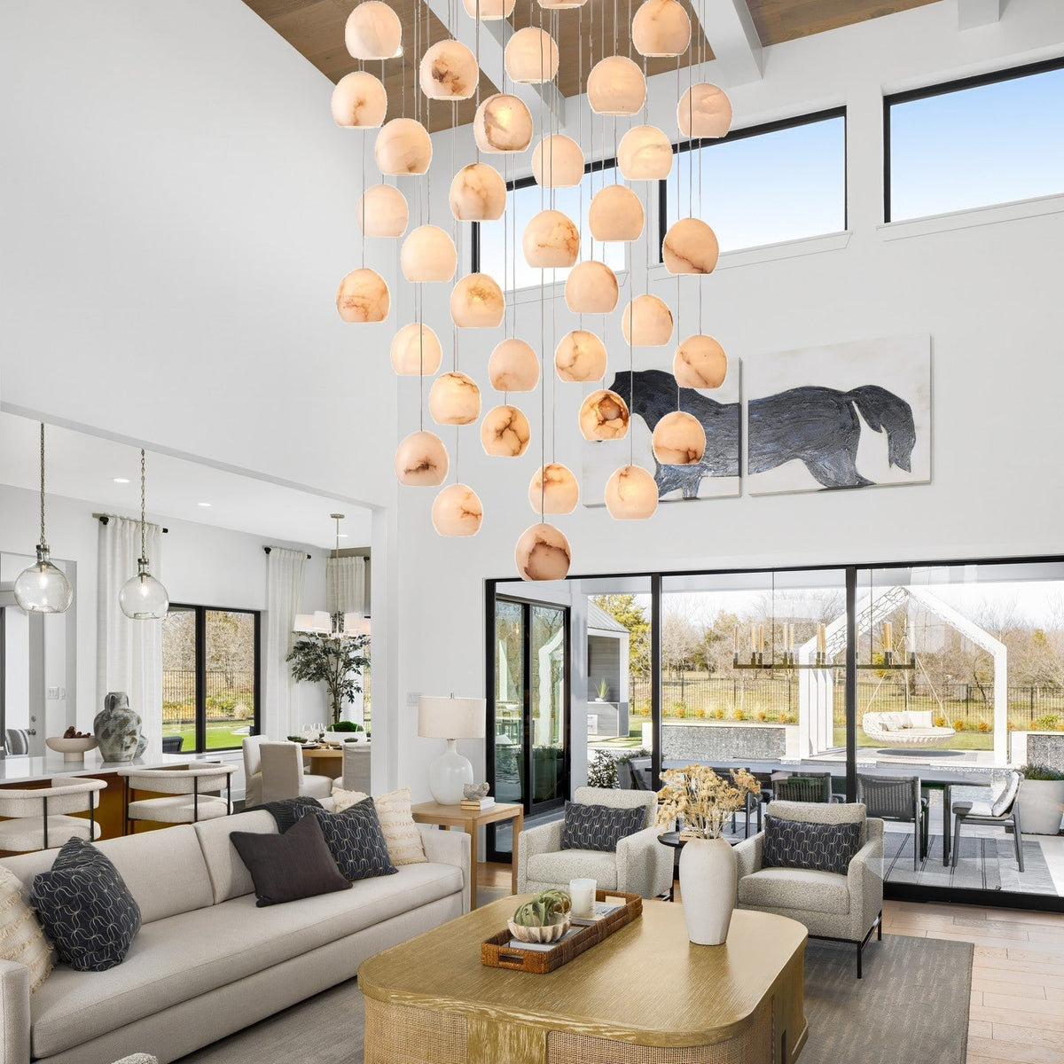 Arica Round Gold Chandelier with Natural Alabaster Stone Shades, Chandelier for High Ceiling - zelnolighting