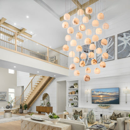 Arica Round Gold Chandelier with Natural Alabaster Stone Shades, Chandelier for High Ceiling - zelnolighting