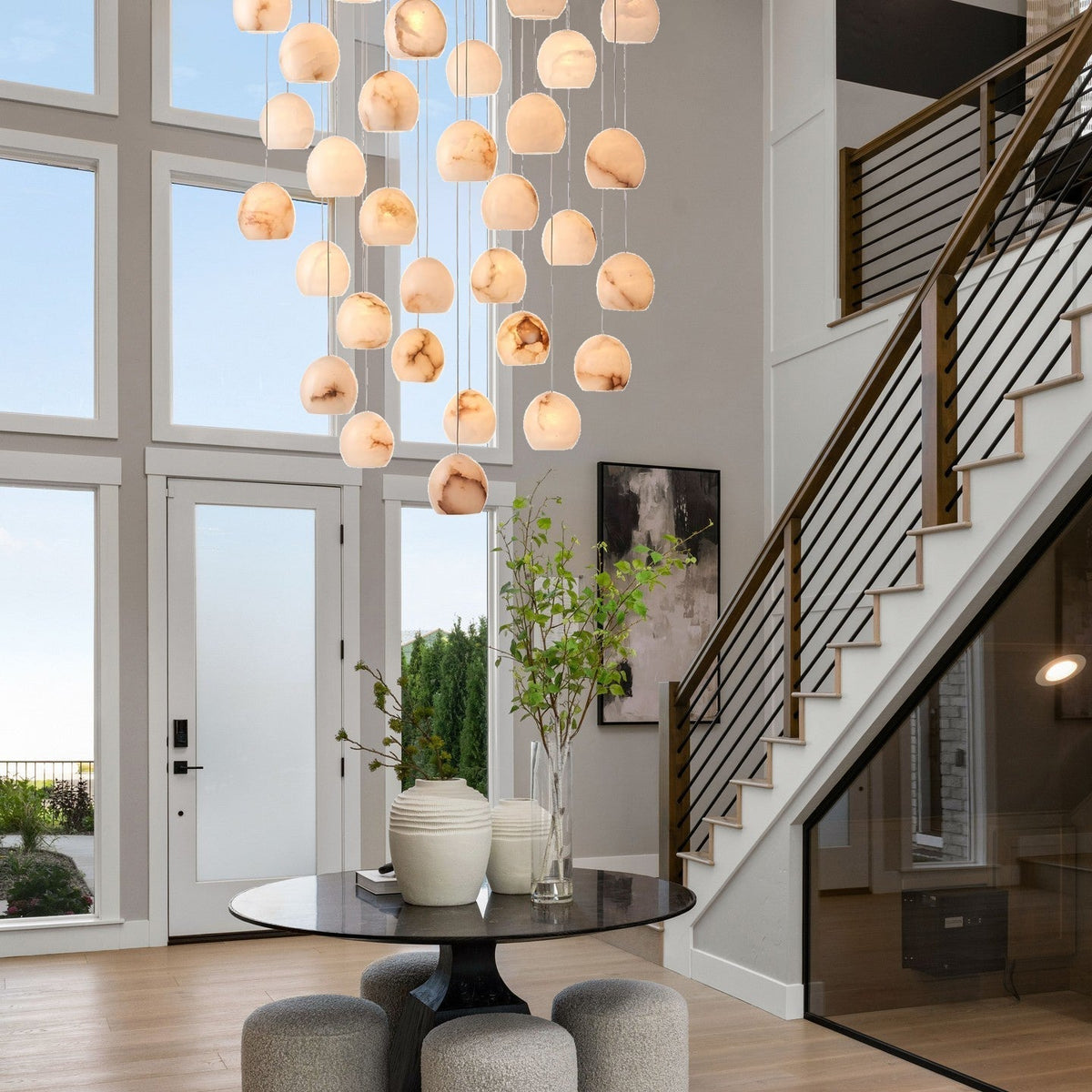 Arica Round Gold Chandelier with Natural Alabaster Stone Shades, Chandelier for High Ceiling - zelnolighting