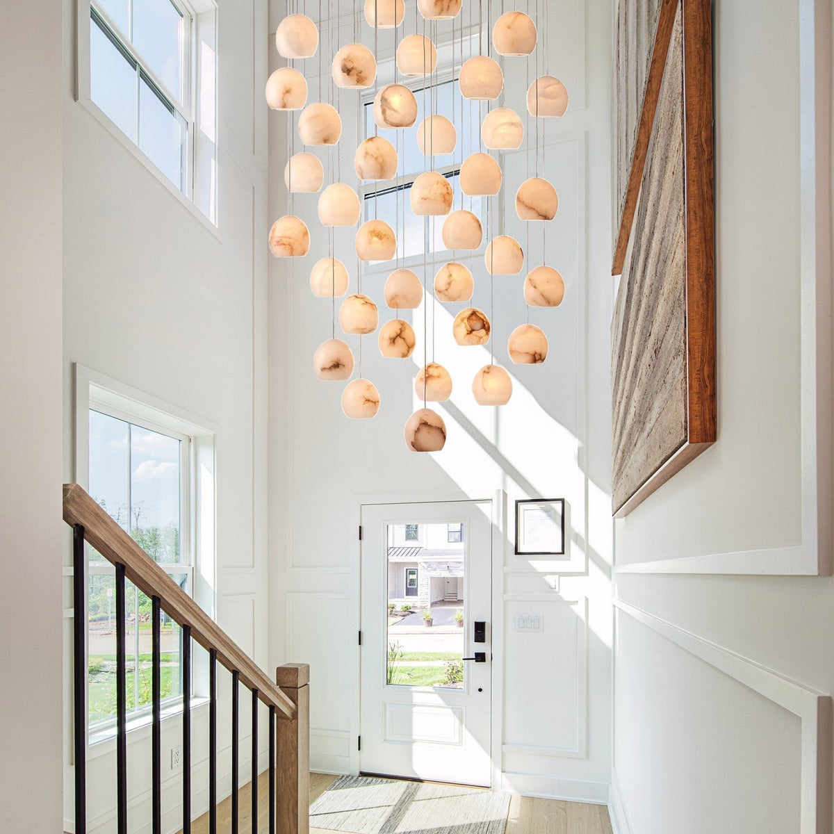 Arica Round Gold Chandelier with Natural Alabaster Stone Shades, Chandelier for High Ceiling - zelnolighting