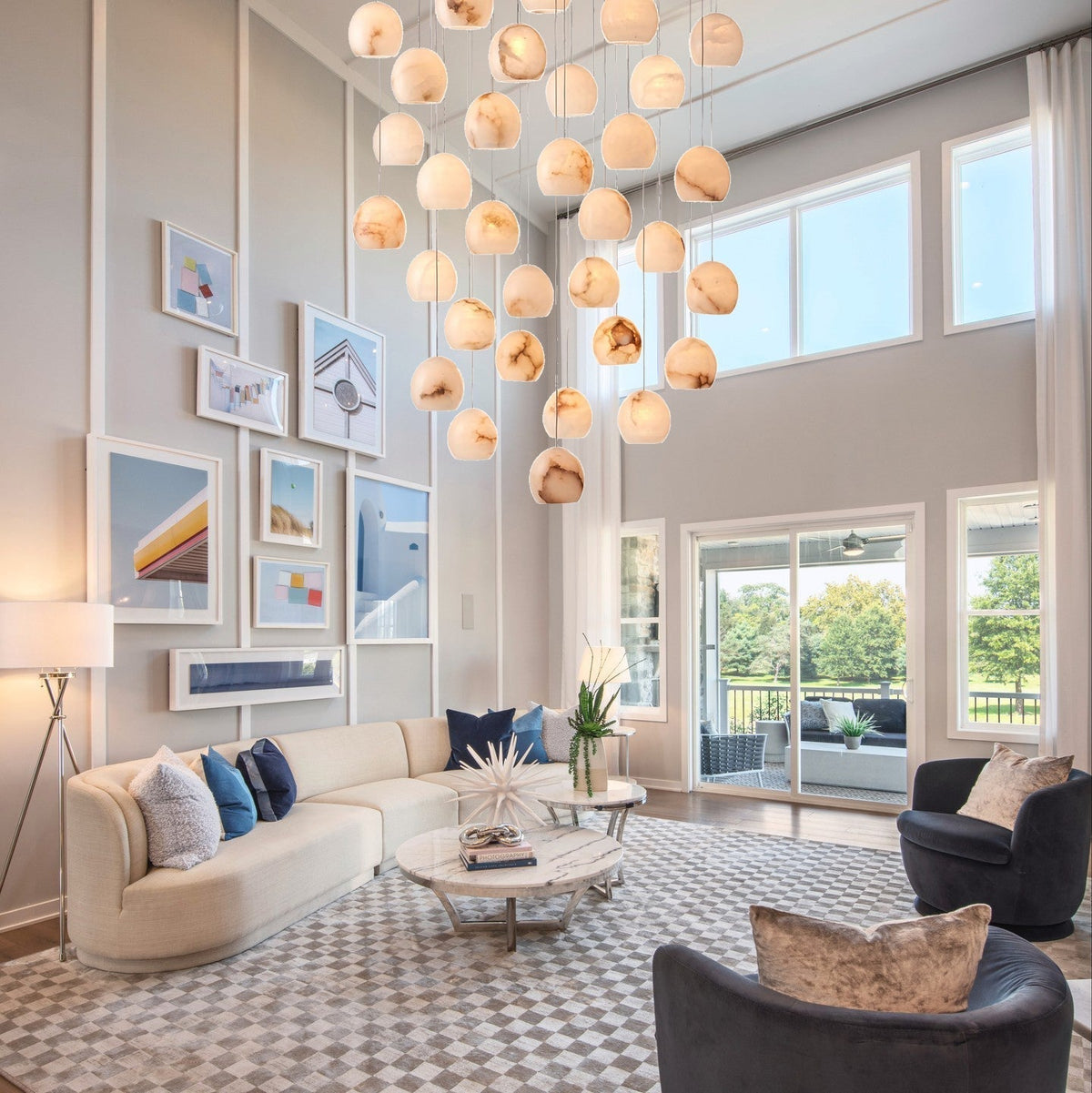 Arica Round Gold Chandelier with Natural Alabaster Stone Shades, Chandelier for High Ceiling - zelnolighting