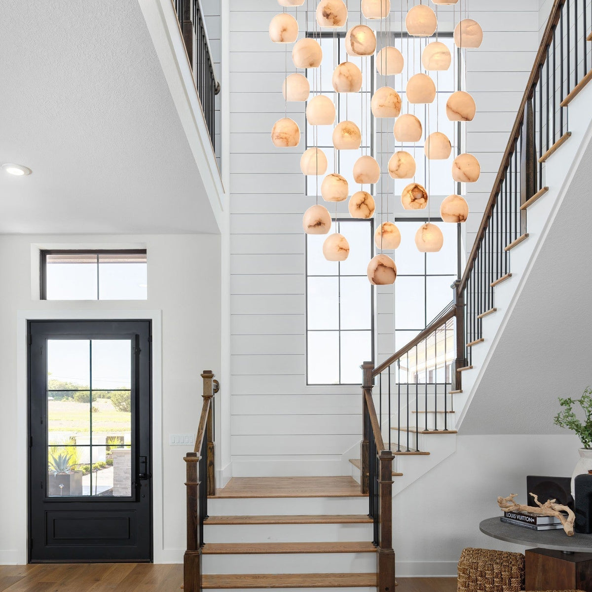 Arica Round Gold Chandelier with Natural Alabaster Stone Shades, Chandelier for High Ceiling - zelnolighting