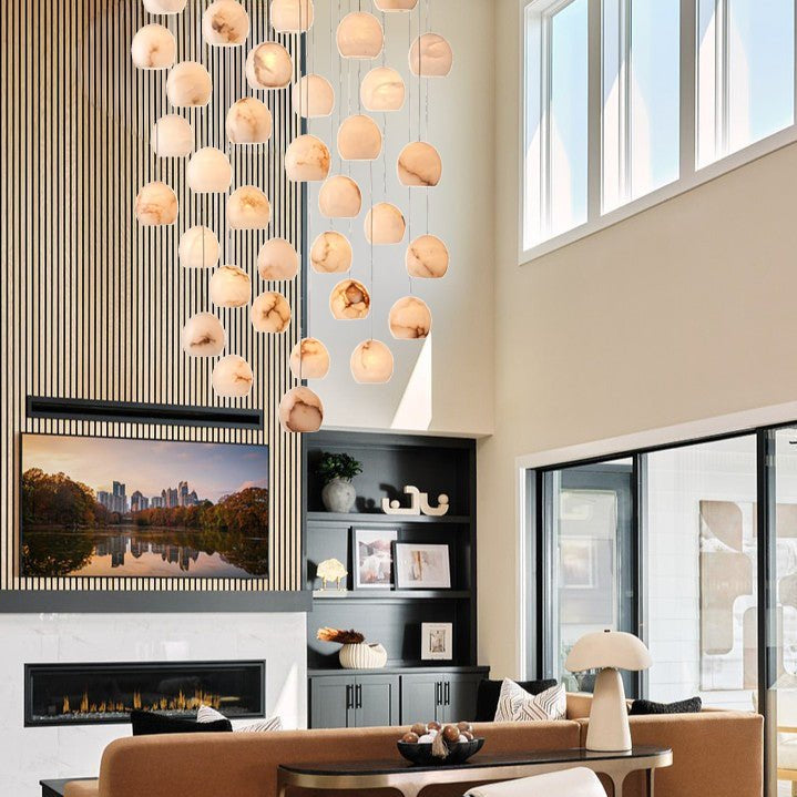 Arica Round Gold Chandelier with Natural Alabaster Stone Shades, Chandelier for High Ceiling - zelnolighting