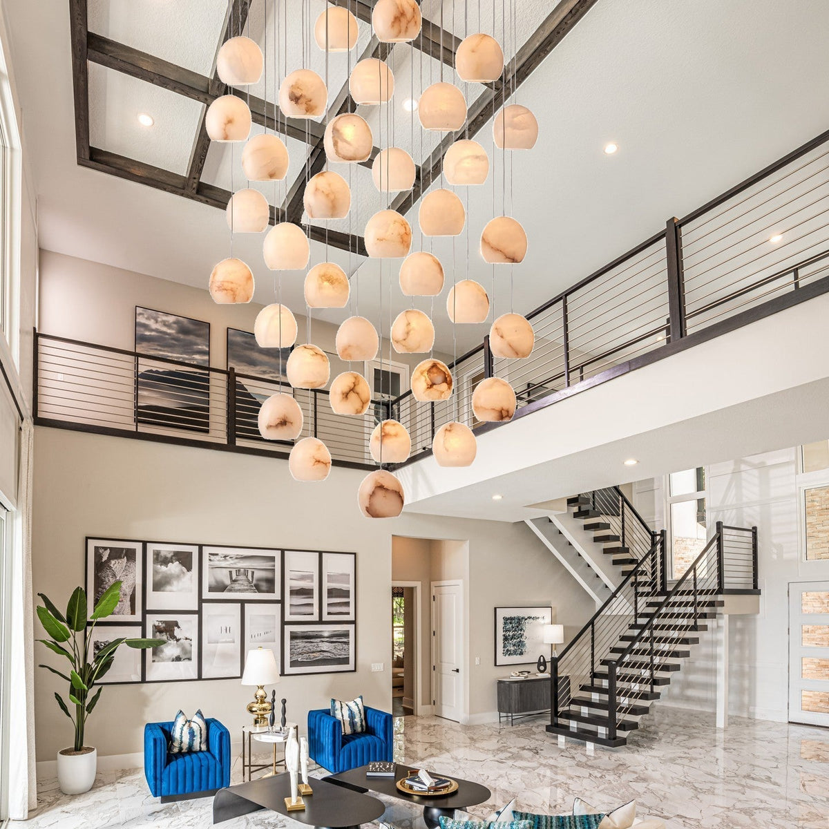 Arica Round Gold Chandelier with Natural Alabaster Stone Shades, Chandelier for High Ceiling - zelnolighting