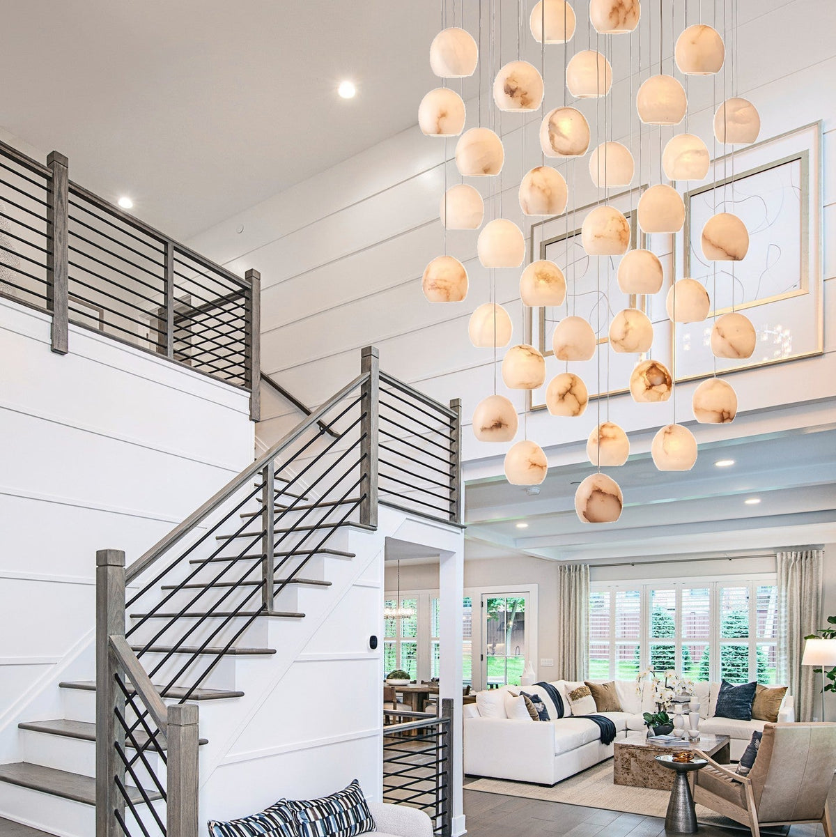 Arica Round Gold Chandelier with Natural Alabaster Stone Shades, Chandelier for High Ceiling - zelnolighting