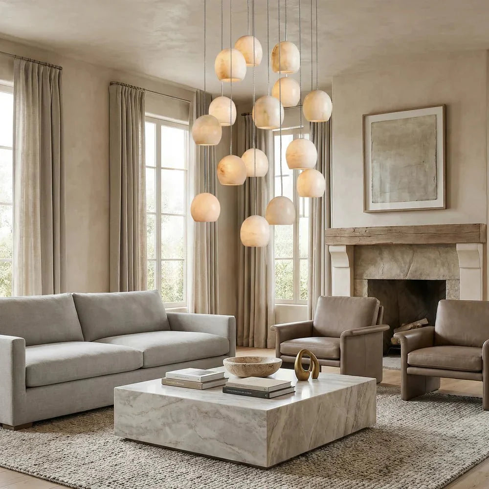 Arica Round Gold Chandelier with Natural Alabaster Stone Shades - zelnolighting