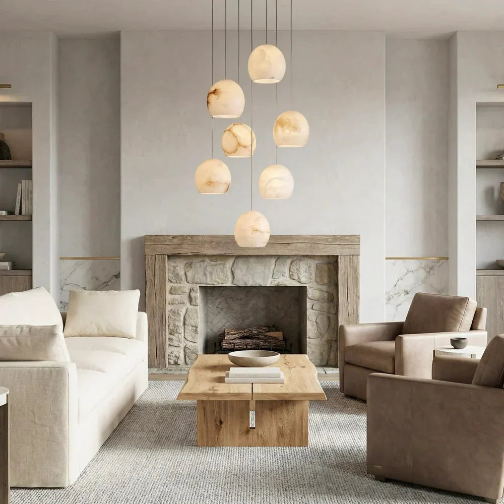 Arica Round Gold Chandelier with Natural Alabaster Stone Shades - zelnolighting