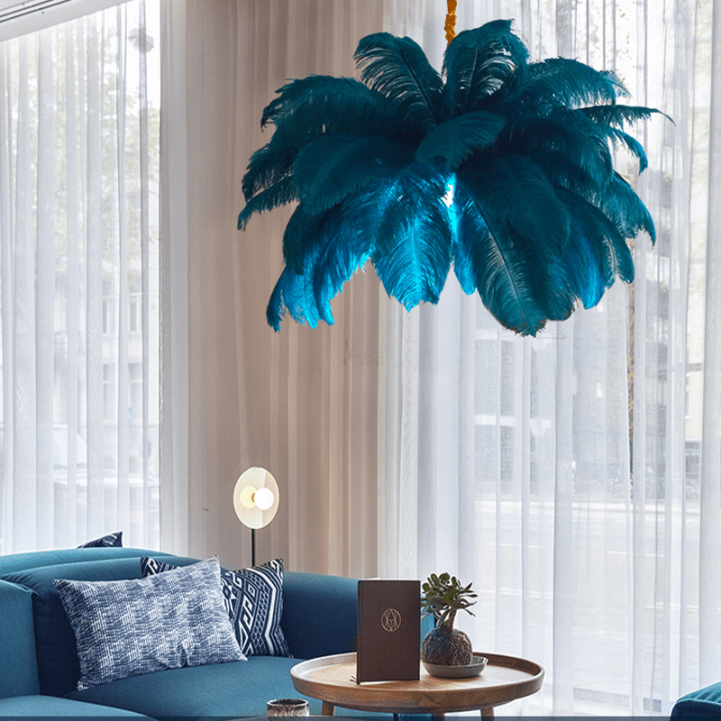 Art Deco Colorized Feather Brass Branch Chandelier - Zelno Lighting