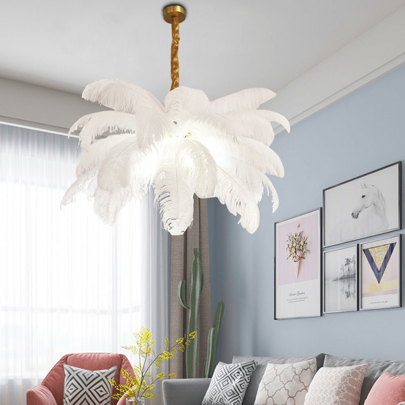 Art Deco Colorized Feather Brass Branch Chandelier - Zelno Lighting