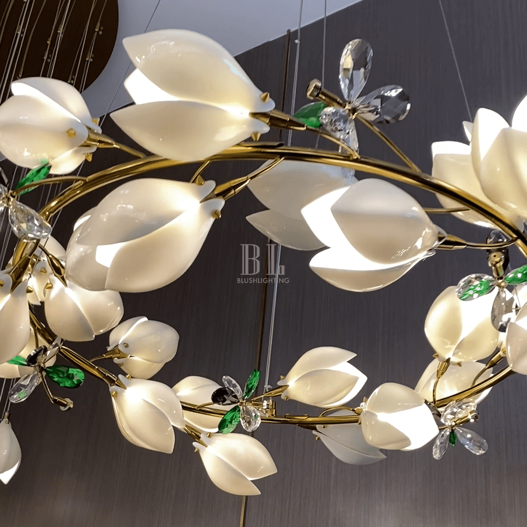 Art Design Creative Ceramic Magnolia Ring/Linear Chandelier for Bedroom/Living Room/Dining Room/Kitchen Island - Zelno Lighting