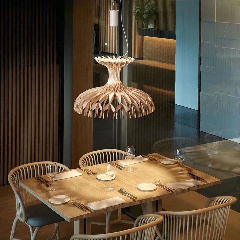 Art Oriental Tone Hand-made Wood Dome Pendant Chandelier for Living/Dining Room - Zelno Lighting
