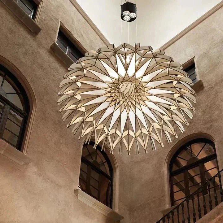 Art Oriental Tone Hand-made Wood Dome Pendant Chandelier for Living/Dining Room - Zelno Lighting
