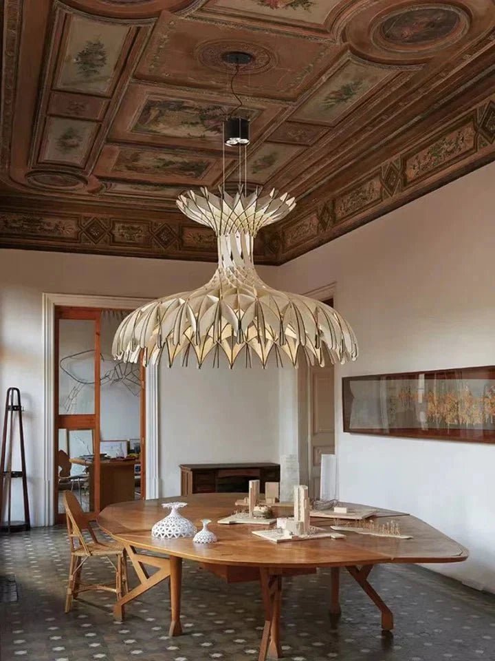 Art Oriental Tone Hand-made Wood Dome Pendant Chandelier for Living/Dining Room - Zelno Lighting