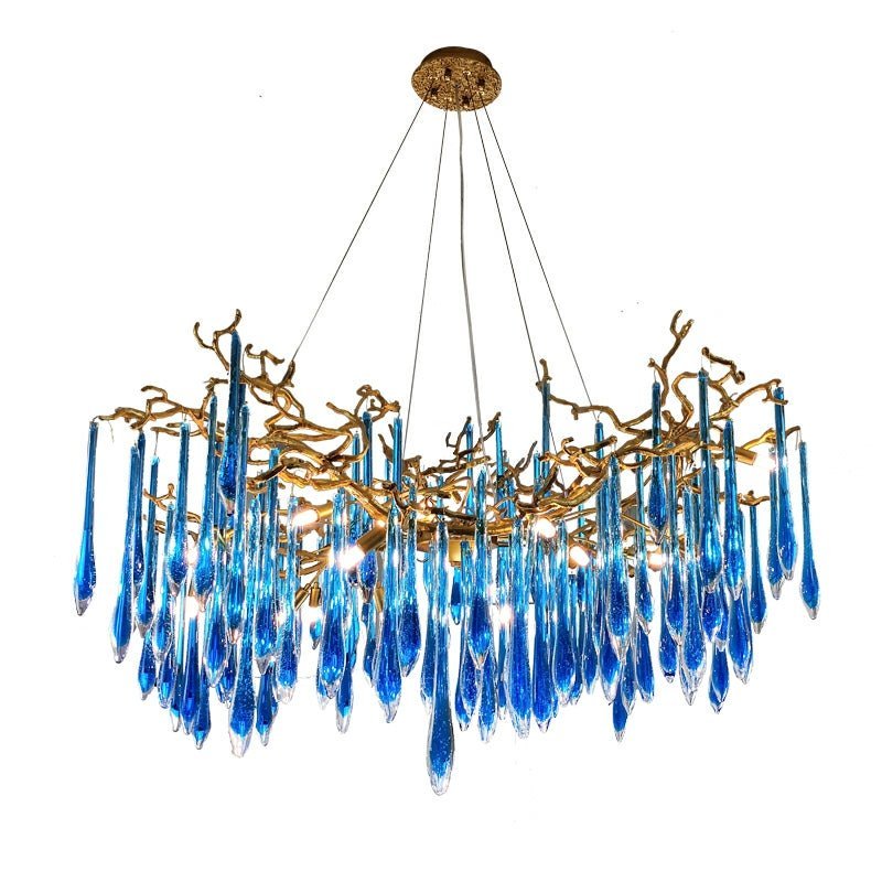Artistic Branch Chandelier with Blue Glaze Drops for Dining Room - Zelno Lighting