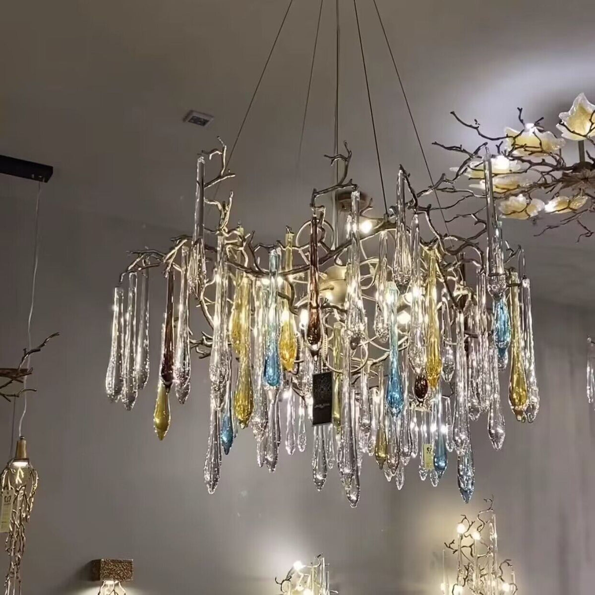 Artistic Branch Chandelier with Blue Glaze Drops for Dining Room - Zelno Lighting