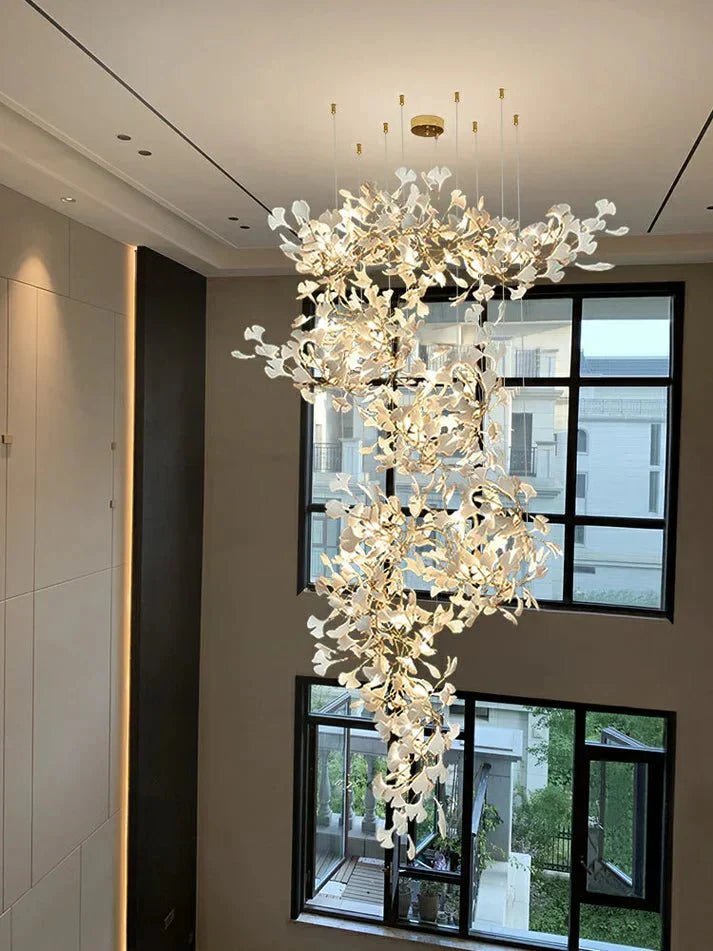Artistic Tree Branch Pendant Light with Ceramic Ginkgo Leaves - Zelno Lighting