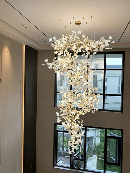 Artistic Tree Branch Pendant Light with Ceramic Ginkgo Leaves - Zelno Lighting