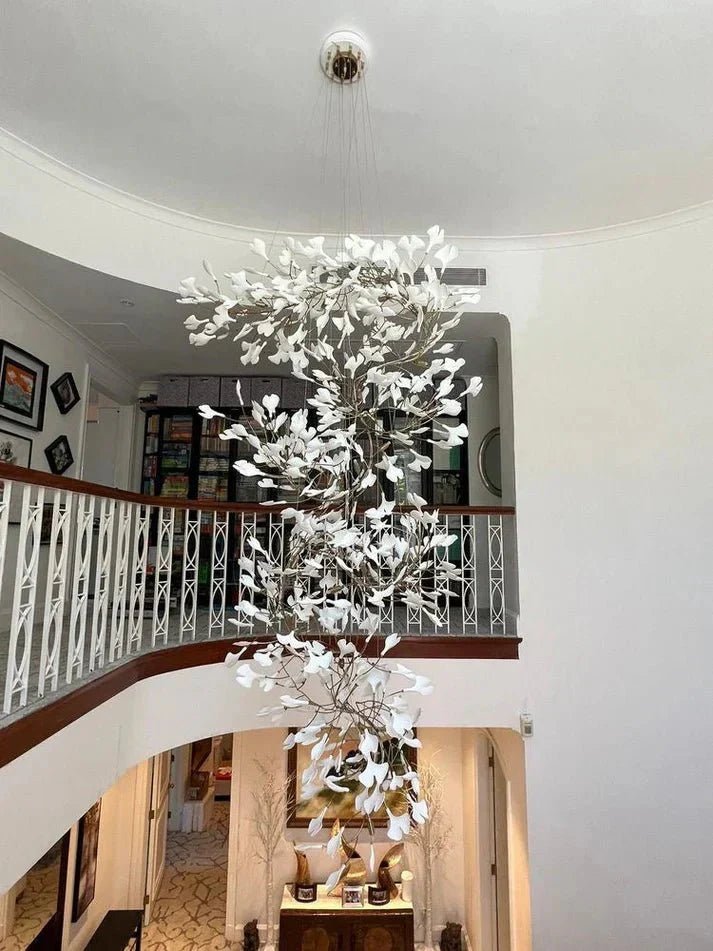 Artistic Tree Branch Pendant Light with Ceramic Ginkgo Leaves - Zelno Lighting