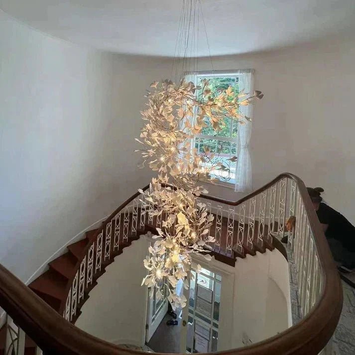 Artistic Tree Branch Pendant Light with Ceramic Ginkgo Leaves - Zelno Lighting