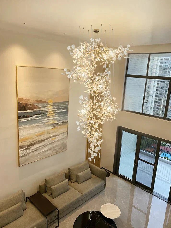 Artistic Tree Branch Pendant Light with Ceramic Ginkgo Leaves - Zelno Lighting