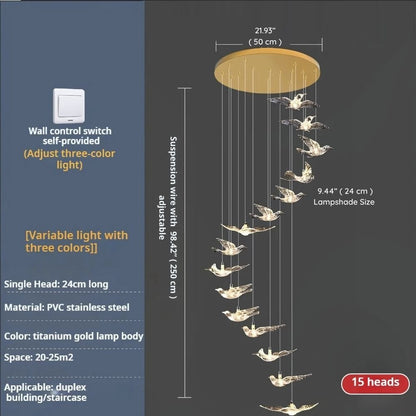 Bird Spiral Long Led Chandelier for Staircase and Foyer - Zelno Lighting