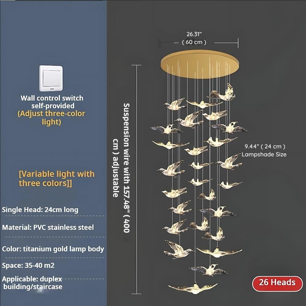 Bird Spiral Long Led Chandelier for Staircase and Foyer - Zelno Lighting