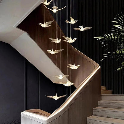 Bird Spiral Long Led Chandelier for Staircase and Foyer - Zelno Lighting