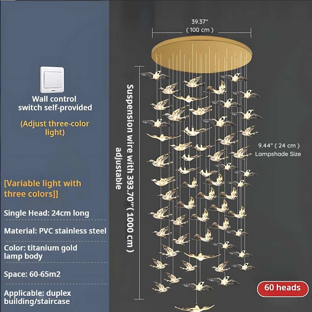 Bird Spiral Long Led Chandelier for Staircase and Foyer - Zelno Lighting